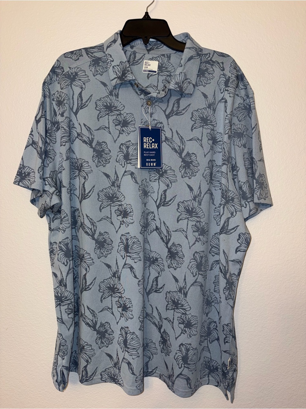 ROWM Rec + Relax Floral Short Sleeve Polo Shirt Big Man 2XB NWT Blue